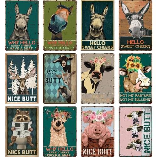 Metal Tin Sign Donkey Hello Sweet Cheeks Bull Nice Butt Cave Pub Store Toilet Wall Retro Decor Metal Posters Iron Plate Painting
