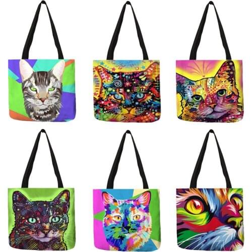 Lovely Fashion Bolsos Mujer Oil Painting Style Shoulder Bags Colorful Cats Eco Linen Fashional Casual Totes Ladies