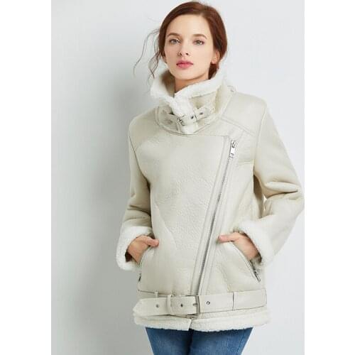 Trendy Winter Faux Lamb Leather Jacket Women Wool Fur Belt Zipper Turn Down Collar Loose Coat Female Warm Thick Outerwear