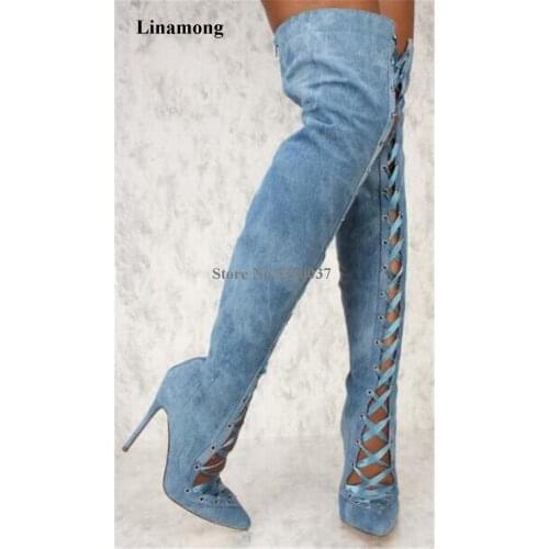 New Fashion Women Pointed Toe Blue White Denim Over Knee Gladiator Boots Lace-up Cut-out Thin Heel Long High Heel Boots Club