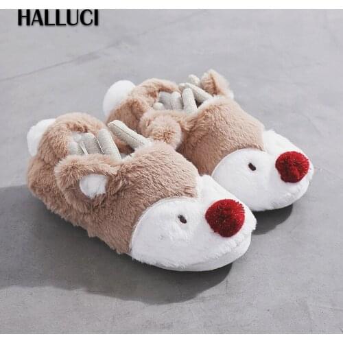 New Cute Christmas deer home slippers women winter warm flannel short plush soft Bedroom non-slip women flats shoes slipper