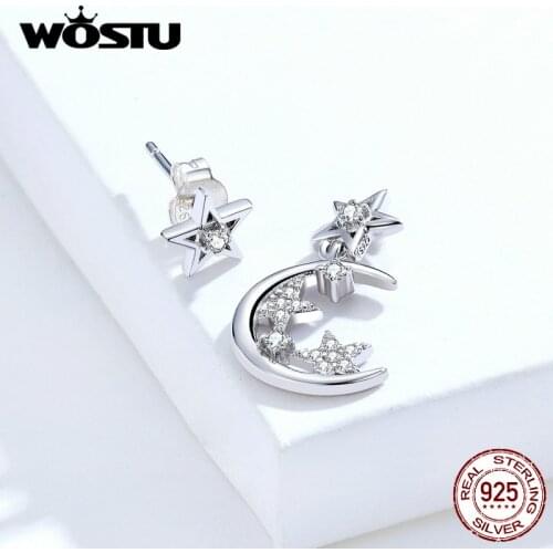 WOSTU Real 925 Sterling Silver Shiny Star Moon Stud Earrings For Women Wedding Zircon Small Earrings Fashion Jewelry FIE813