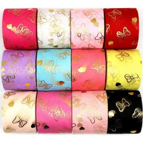 6cm gold bow / heart ribbon 25 yards / bag tulle roll pettiskirt wedding party decoration headwear mesh yarn fashion bow 60mm