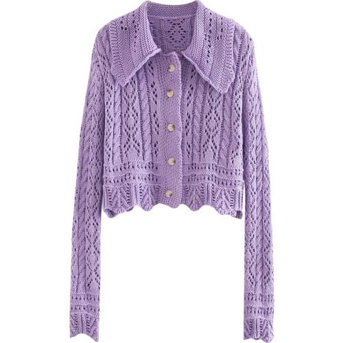ZA Women 2020 Fashion Textured Weave Cropped Knitted Cardigan Sweater Vintage Long Sleeve Female Outerwear Chic Tops