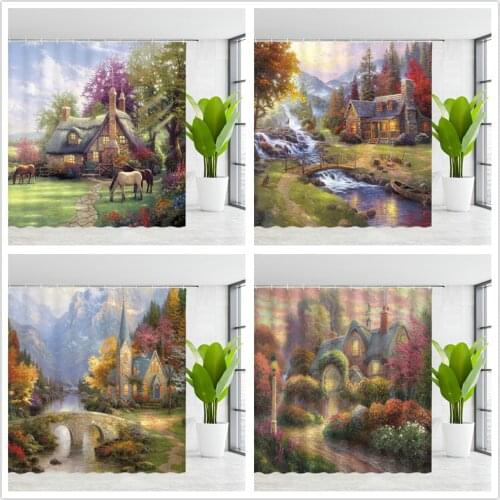 Natural Landscape Shower Curtains European House Four Seasons Scenery Field Bridge River Floral Plants Bath Cloth Curtain Set