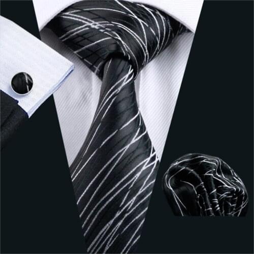 FA-1171 2018 Barry.Wang New Mens Tie Fashion Black Geometric Silk Jacquard Necktie Hanky Cufflinks Set For Business Wedding