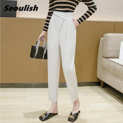 Seoulish Korean OL Style Womens Formal Pants Pockets 2021 New High Waist Elegant Button Office Lady Ankle-Length Pants Female