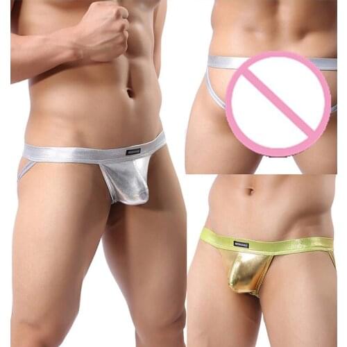 Hot Sale Sexy Panty For Men Faux Leather Thongs New Solid Gold Silver Mens Briefs Sexy Lingerie Hollow Out Male Underwear Slip