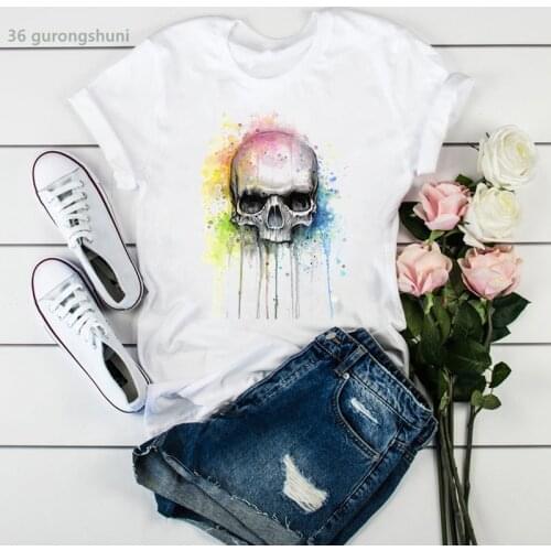 2021 Abstract Watercolor Skull T Shirt Graphic Print T-Shirt Women Clothes Female Clothing Short Sleeve T-Shirts 90s Tee Tops