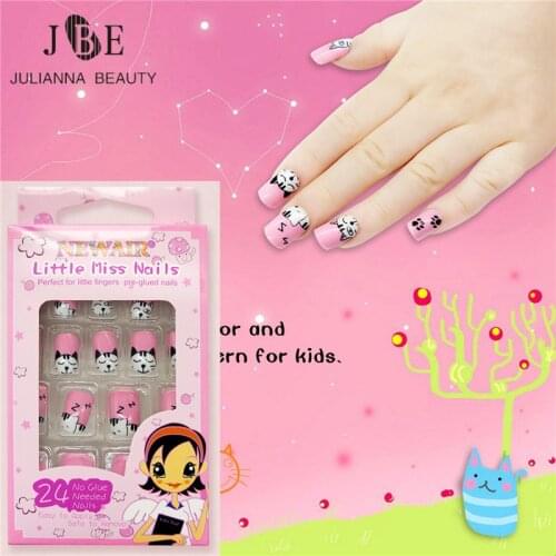 24PCS Pre-glue False Nails Pink Kids Cat Press on Fake Nails Tips ABS DIY Children Artificial Nail Art Accessories Animals