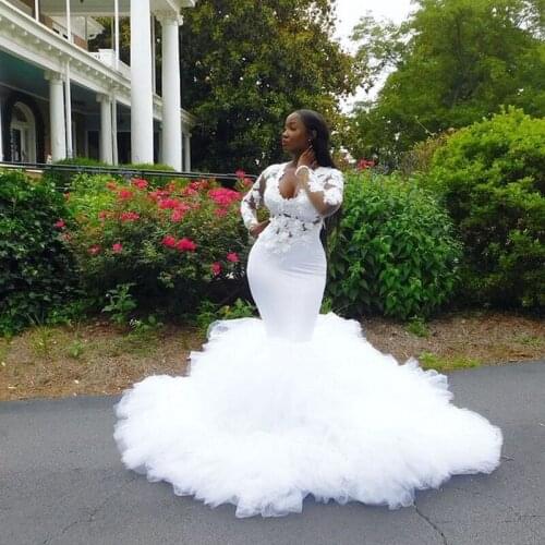 White Aso Ebi African Prom Dresses Long Sleeves Lace Appliqued Ruffles Mermaid Wedding Formal Gowns Pageant Celebrity Dress