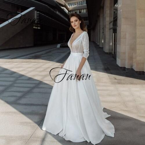 Glittery Deep V-NeckThree Quarter Sleeve Wedding Dress Backless A-Line Simple Bridal Gown robe de soirée de mariage платье