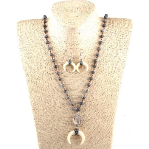Bohemian Tribal Jewelry 6mm Map Stone Rosary Chain White Crystal link Beige Ox Horn Pendant Necklace set