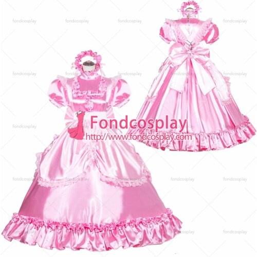 French Sissy Maid Lockable Pink Satin Dress Uniform Cosplay Costume Tailor-made[G3990]