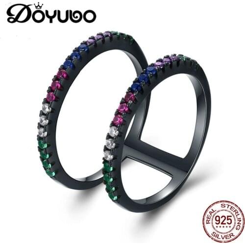 DOYUBO Vintage 925 Real Silver Black Bridal Sets Rings For Women Colorful Cubic Zirconia Lady Luxury Party Rings Jewelry AGB031