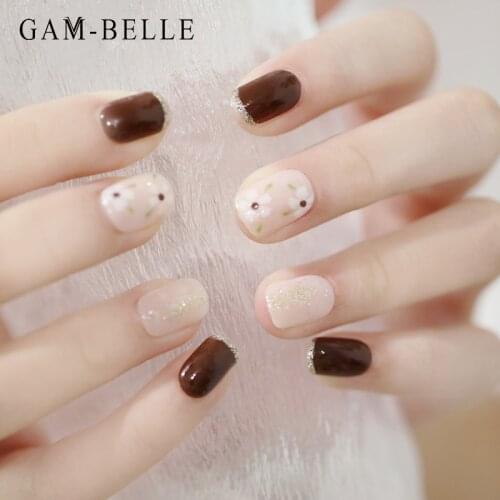 GAM-BELLE 24Pcs Floral Pattern Fake Nails Art Decoration Full Cover DIY Artificial Press On Nails Tips DIY Manicure Accessories