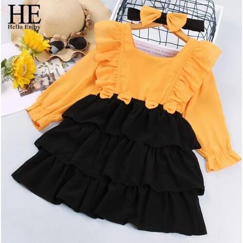HE Hello Enjoy Girls Fashion Dress New Summer Party Long-Sleeve Bowknot Stitching Dress Costumes Kids Outfits Baby Vestidos