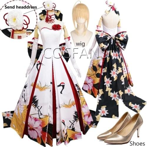 Hot Anime Fate Saber Cosplay Costume Crane Wedding dress Halloween Cosplay Costume Full Set Women men Wigs and shoes