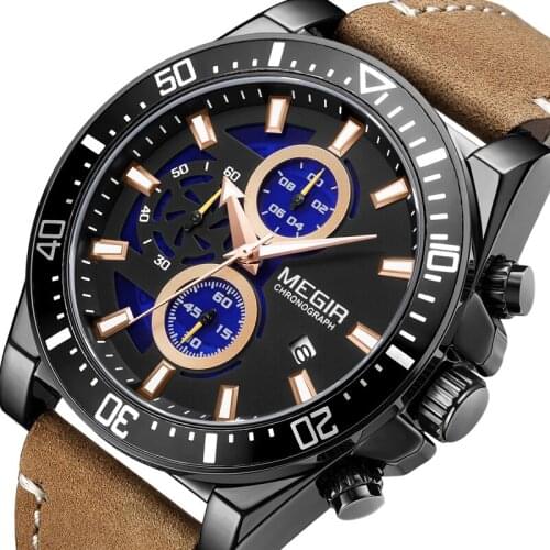 MEGIR 2020 New Fashion Men Watches with Leather Strap Top Brand Luxury Sport Chronograph Male Quartz Watch Men Relogio Masculino
