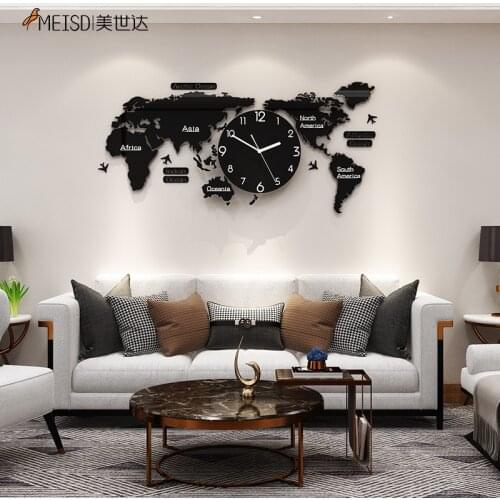 MEISD Punch-free Large World Map DIY Stickers Wall Clock Quartz Watch Mute Modern Self Adhesive Design Horloge Art Free Shipping