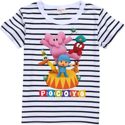 Fashion Pocoyoe T-shirt Summer Clothes Kids Short Sleeve O-neck Tshirt for Boys Girls Cute Tees Baby Children Cartoon Stripe Top