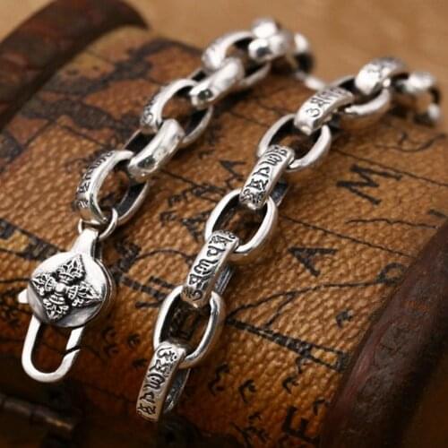 8MM s925 pure Silver Jewelry 100% real solid Heart Sutra Necklace for Man Thai Silver Buddhist Vajra Pestle Good Luck Man Chain