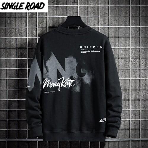 Single Road Mens Crewneck Sweatshirt Men 2021 Patchwork Print Harajuku Sweatshirts Streetwear Casual Black Oversized Hoodie Men