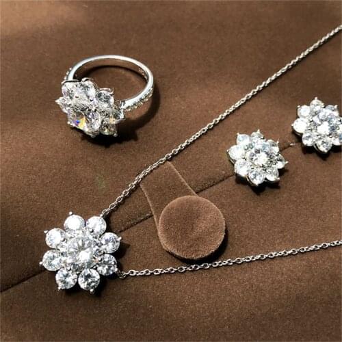 Handmade Flower Lab Diamond Jewelry set 925 Sterling Silver Party Wedding Rings Earrings Necklace For Women Moissanite Jewelry