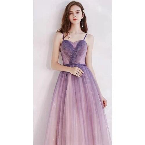 New Shining Purple Bridesmaid Dress Spaghetti Strap Tulle Lace-up Back A-Line Princess Wedding Pageant Guest Prom Gown Long 2021