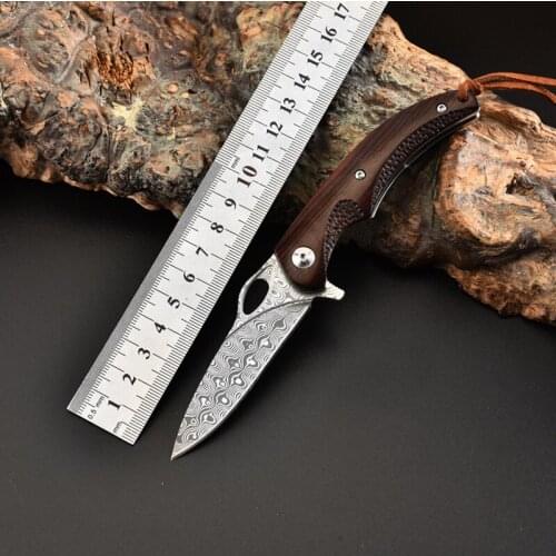 Handmade Folding Knife Damascus Steel Blade Wooden Handle EDC Self Defense Camping Hunting Tactical Pocket Knives with Sheath