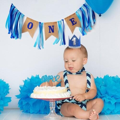 1st happy birthday party decorations kids balloons one years old cake Topper Strip number 1 hat shower Pull flag globos
