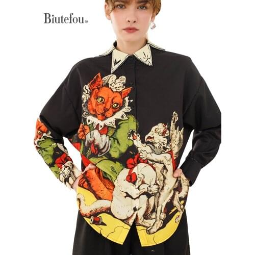 2021 Spring and Autumn Women Loose Illustration Multi-Layer Printed Collar Shirt