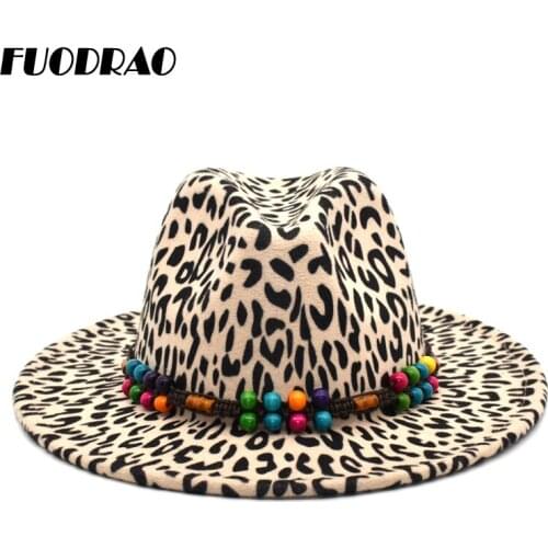 FUODRAO High Quality Classic Leopard Print Fedora Hat Women Wide Brim Wool Cowboy Hat Men Vintage Jazz Caps F39