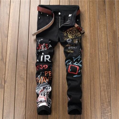 High Quality New European-Style Digital Print Men Jeans Slim Fashionable Trousers Stretch Pants Small Feet Casual Denim Pants