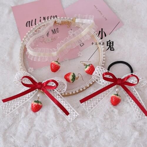 Japanese Lace Ponytail Bow a Pair of Hairclips Barrettes Side Clip Strawberry Hair Accessories Headdress Necklace Ear Stud