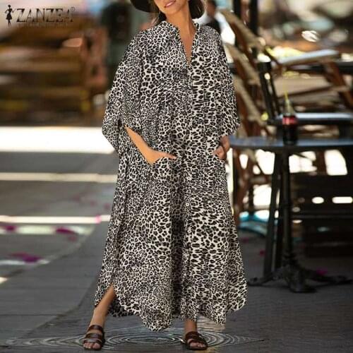 ZANZEA Fashion Women Shirt Dress 2021 Summer Vintage Leopard Maxi Vestidos Casual Long Sundress Ladies Loose Robe