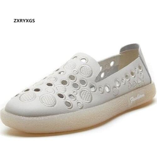 2021 New Fashion Hollow Genuine Leather Breathable Sneakers Women Sandals Fashion Casual Shoes Flat Wear Soft Comfortable Shoes