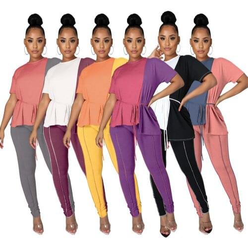 Casual Patchwork Tracksuit with Sashes Women Two Pieces Sets Short Sleeve O Neck Top + Skinny Long Pants Summer Spring Clothes