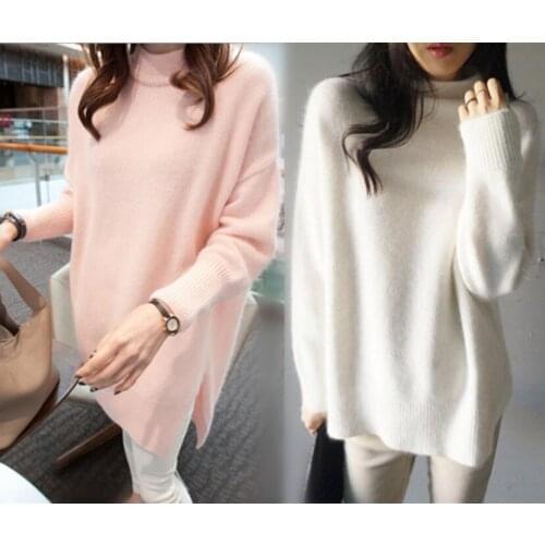 Autumn and winter batwing sleeve loose basic knitted rabbit fur turtleneck sweater female medium-long pullover