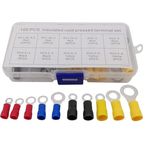 102Pcs/Box Ring Terminal Electrical Crimp Connector 10Kinds Insulated Cold Pressed RV Rings Terminals Assortment Set