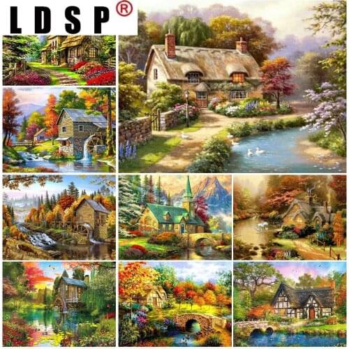 LDSP DIY 5D Diamond Painting House Landscape Cross Stitch Kits Full Round Drill Diamond Embroidery Mosaic Picture For Home Decor