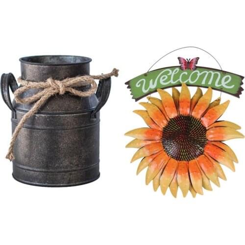 Butterfly Sunflower Welcome Sign Front Door Decor With Shabby Chic Metal Iron Decorative Vintage Rustic Vase