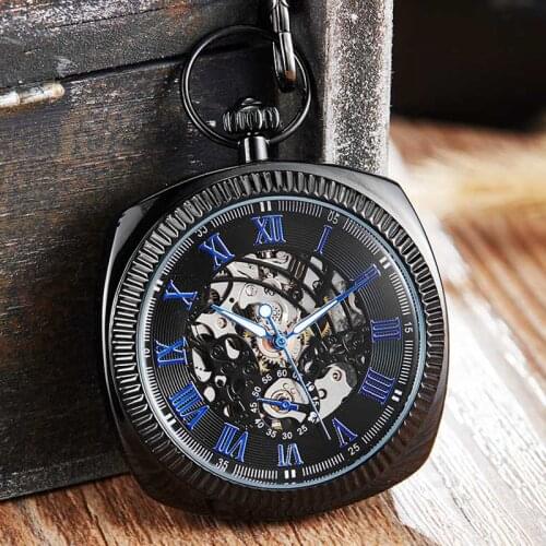 Antique Black Mechanical Pocket Watch Men Women Roman Numerals Dial Clock Luxury Golden Skeleton FOB Chain Watches Drop Ship