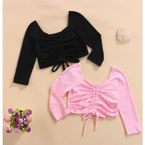 2-6Years Kid Girls Front Drawstring T-Shirts, Casual Long Sleeve V Neck Solid Color Ruched Tops