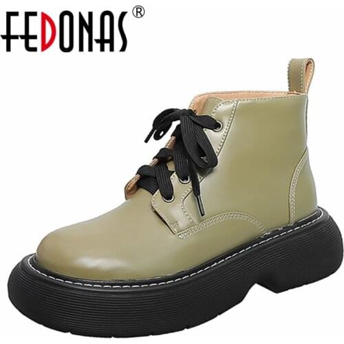 FEDONAS Autumn Winter Leisure Women Ankle Boots Sewing Platforms Genuine Leather Thick Heels Lace-Up Casual Shoes Woman New 2021