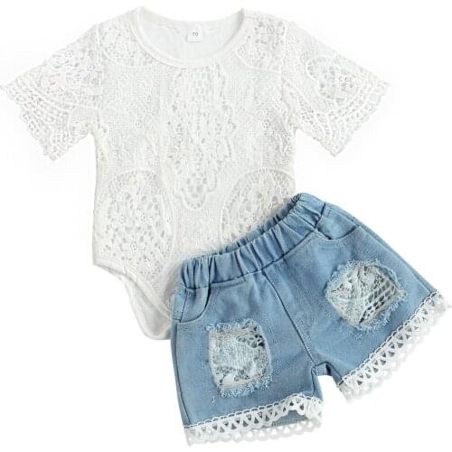 Princess Baby Girls Clothes Set Short Sleeve Lace Hollow Romper Tops+Lace Patchwork Denim Shorts Pants 2Pcs Outfits Summer