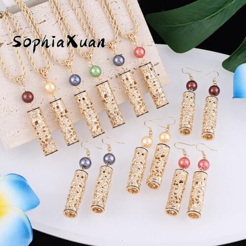 SophiaXuan Hawaiian Gold Plated Fashion Jewelry Sets Multicolor Pearl Pattern Hollow Out Necklaces and Earrings Set for Women