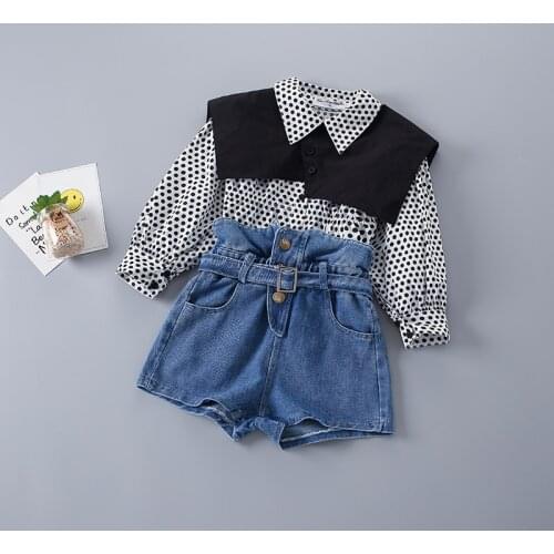 2-7 Years High Quality Spring Girl Clothing Set 2021 New Fashion Casual Dot Shirt + short Jeans Kid Children Girls Clothing