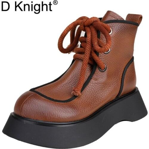 Genuine Leather Platform Short Western Ankle Boots Shoes For Woman Creepers Thick Bottom Lady High Wedge Heels Motorcycle Boots