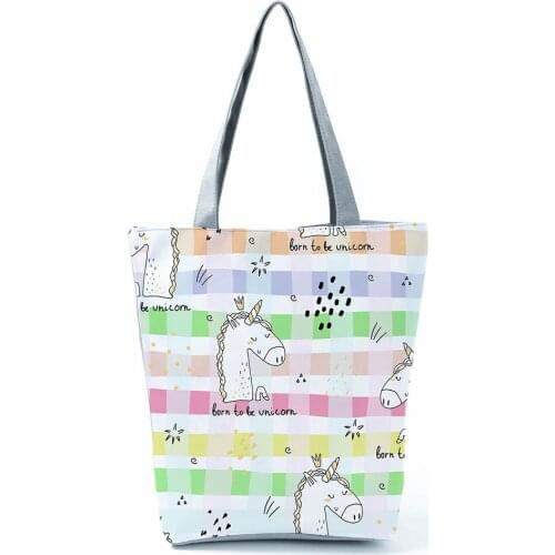 Colorful Grid Unicorn Womens Handbag Foldable Harajuku Eco Totes Daily Casual Bags Creative Birthday Party Gift Custom Pattern